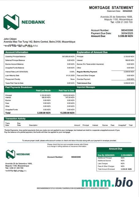 Mozambik Nedbank Moçambique wyciąg z kredytu hipotecznego szablon Word i PDF